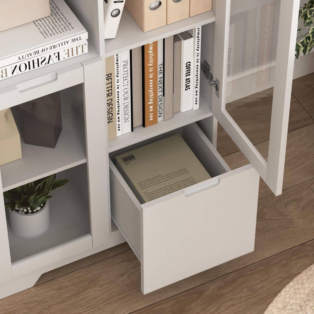 MDF Painted Cabinet With Glass Doors And Drawer, Open Storage Space, White ,Bedroom, Living Room In White