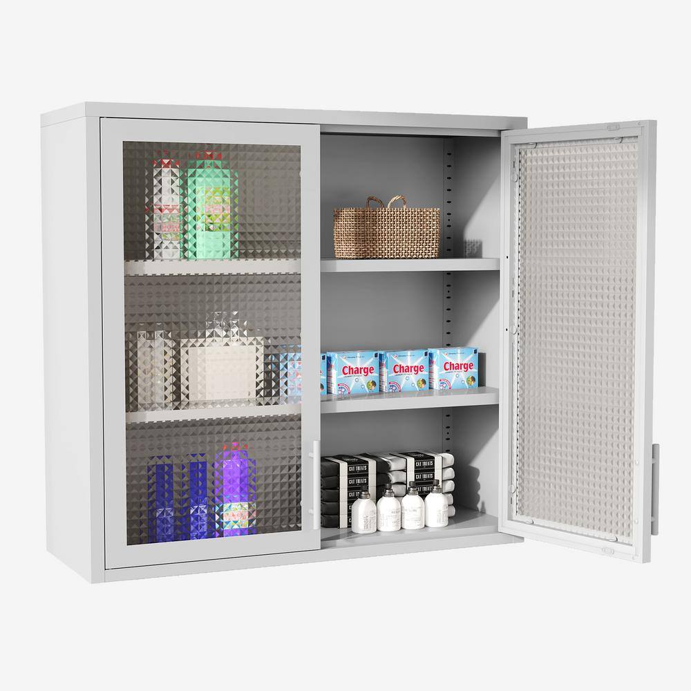 Retro Wall Cabinet With Hazy Waffle-Grid Glass And 2-Adjustable Shelves-White Finish