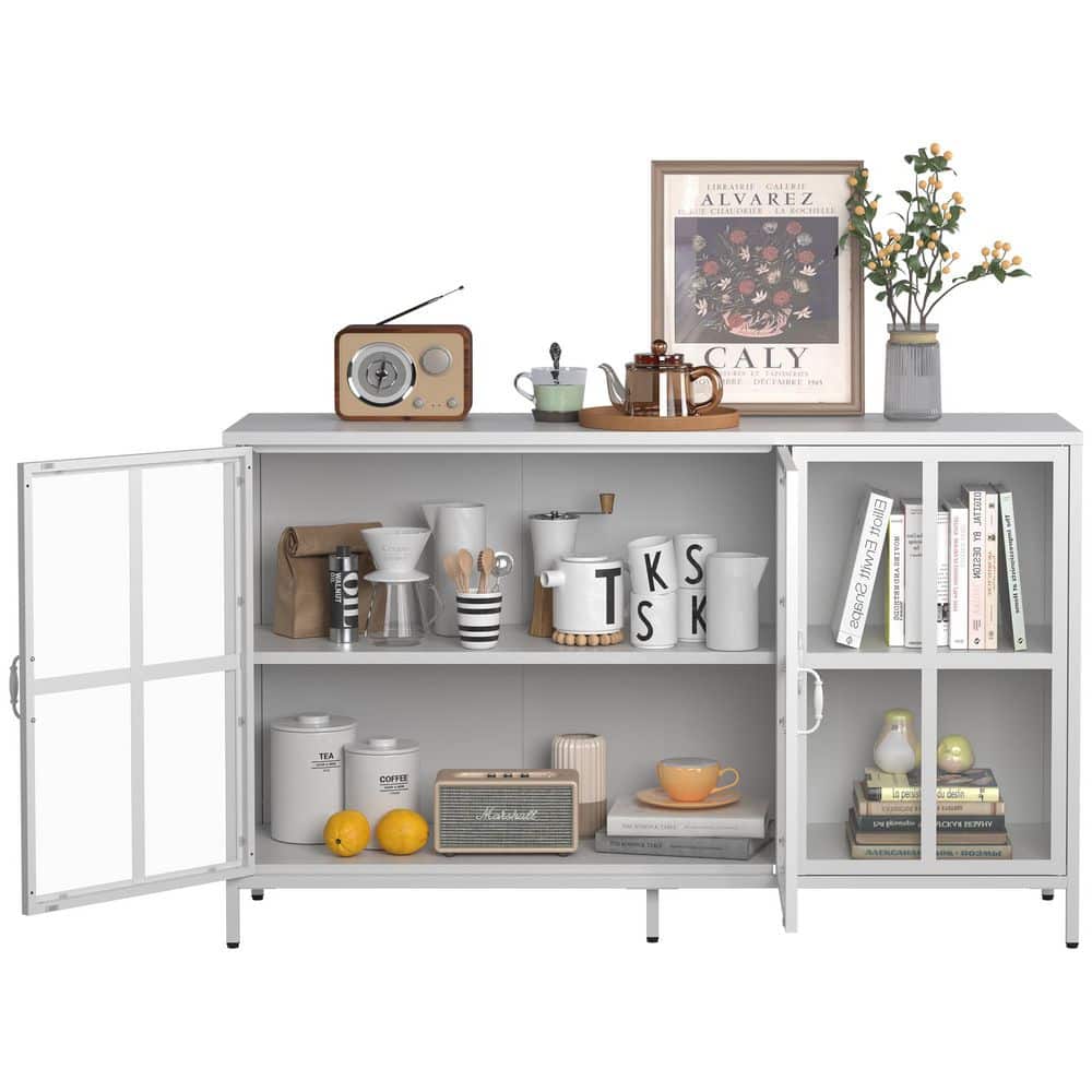 Heavy-Duty Metal Sideboard With Storage Adjustable Feet, Glass Doors, Large Capacity In White