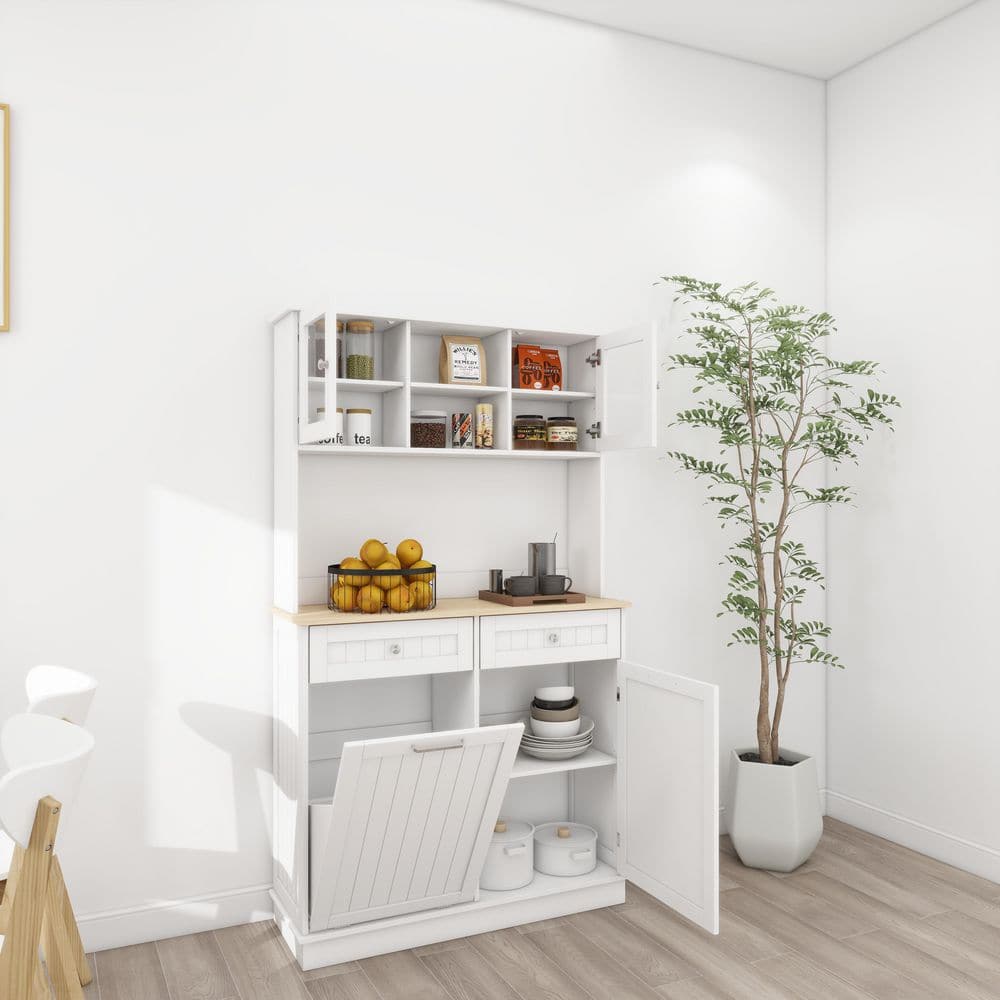 67.7 In. Tall White Kitchen Storage Cabinet-3 Shelves, 2-Drawers, Tilt-Out Trash