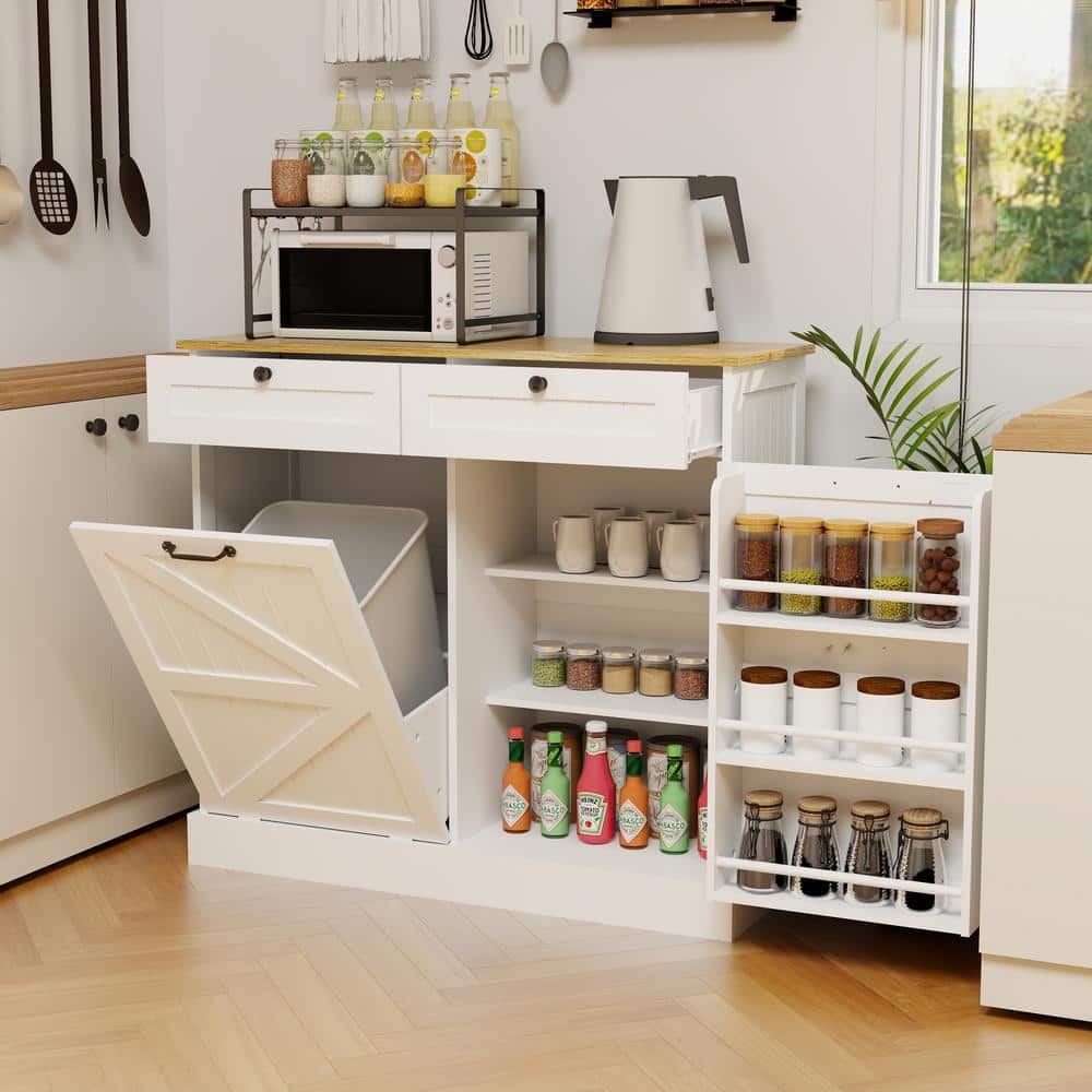 White Kitchen Cabinet With Trash Can Compartment, 2 Drawers, Storage Rack, And 2 Shelves