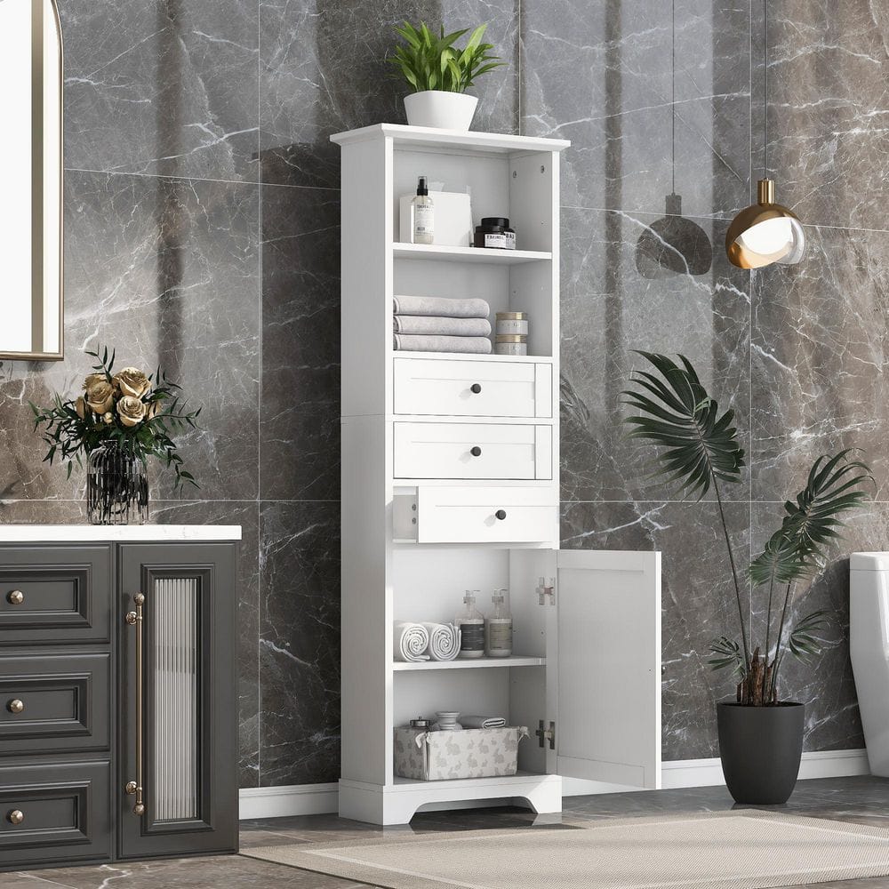 Tall Storage Cabinet With 3-Drawers And Adjustable Shelves In White