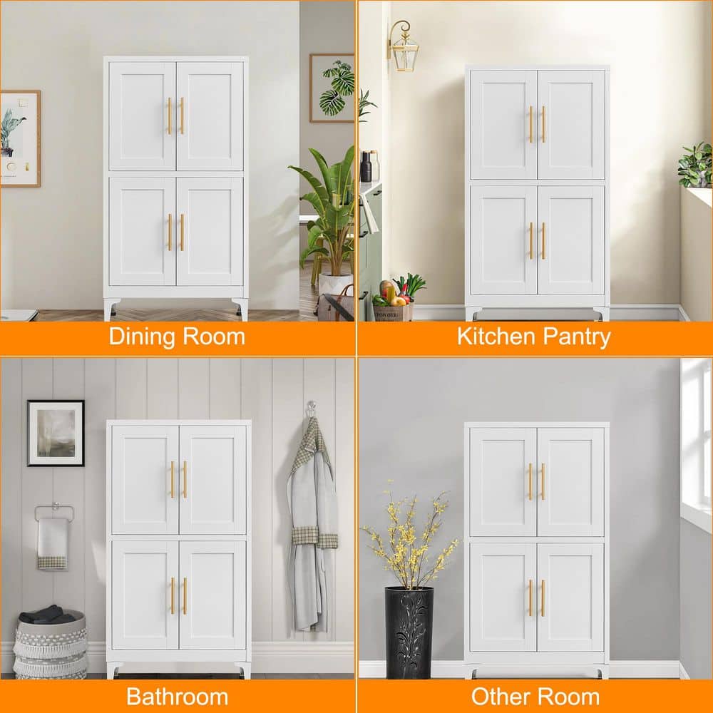 White Metal Storage Cabinet With Adjustable Shelves-Ideal For Kitchen, Living Room, And Dining Room