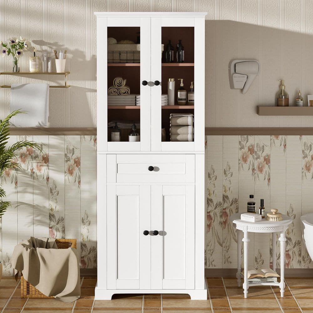67.2 In Tall Bathroom Storage Cabinet With Tempered Glass Doors, Adjustable Shelves And Drawer In White