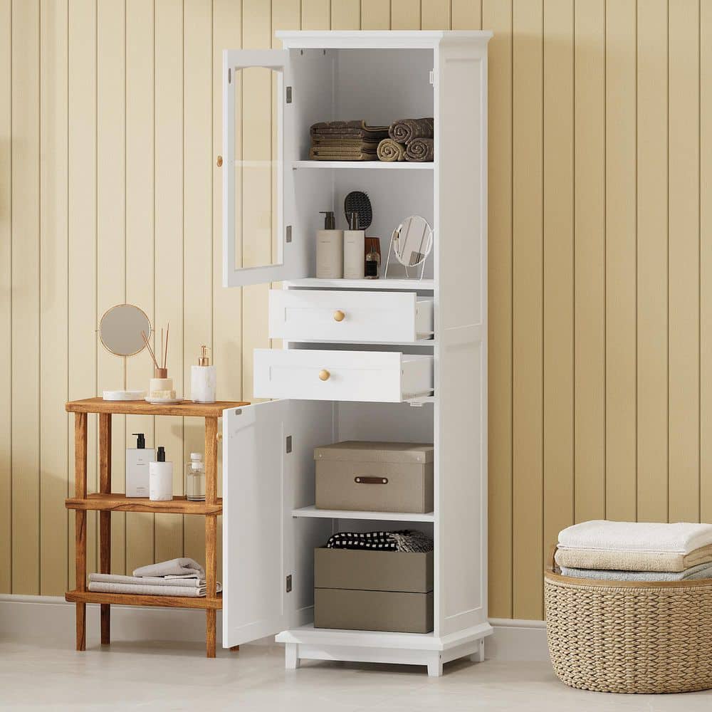 63 In.Tall Bathroom Storage Cabinet – Glass Doors, 2 Drawers, Adjustable Shelves In White