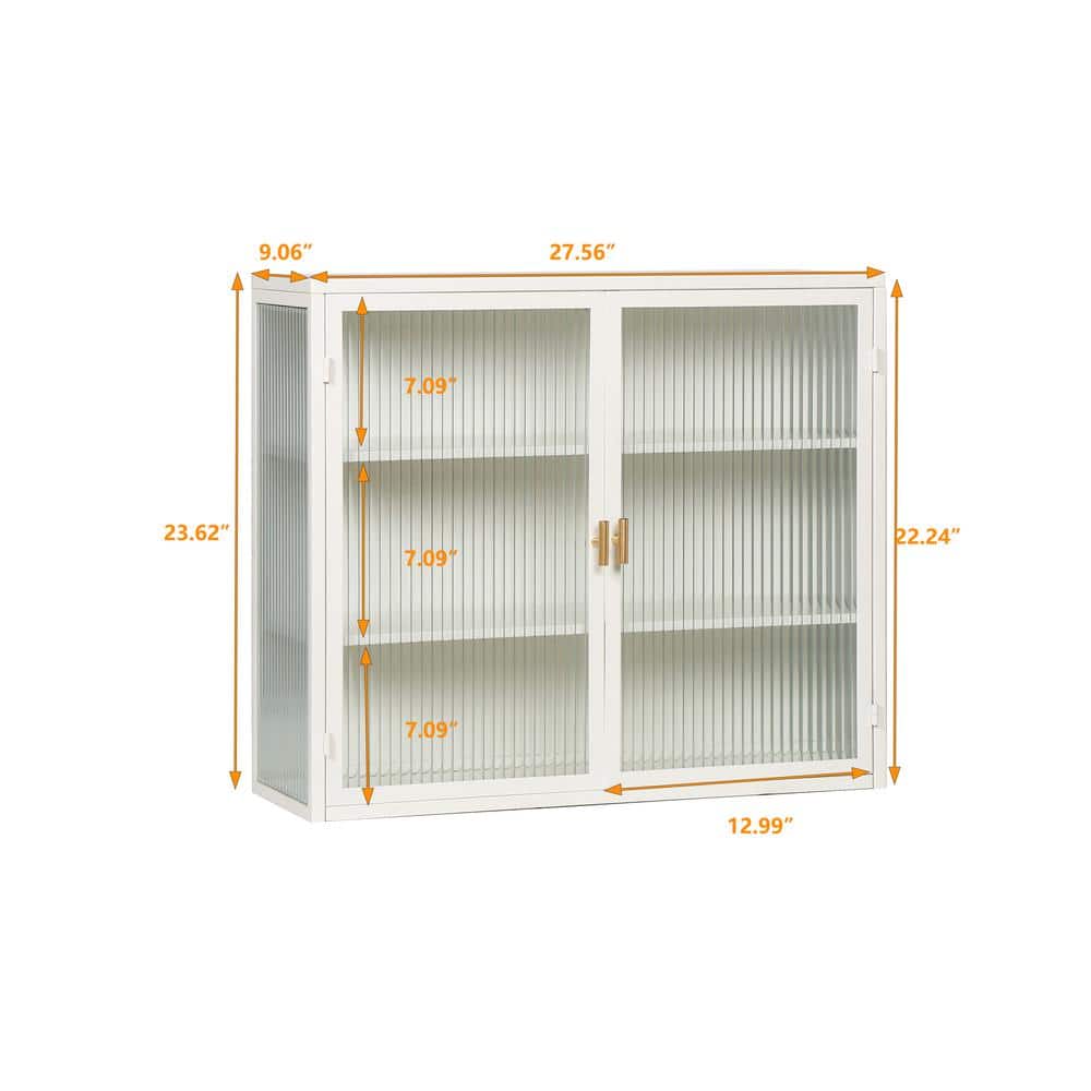 Modern Three-Door Glass Wall Cabinet With Three-Tier Storage In White