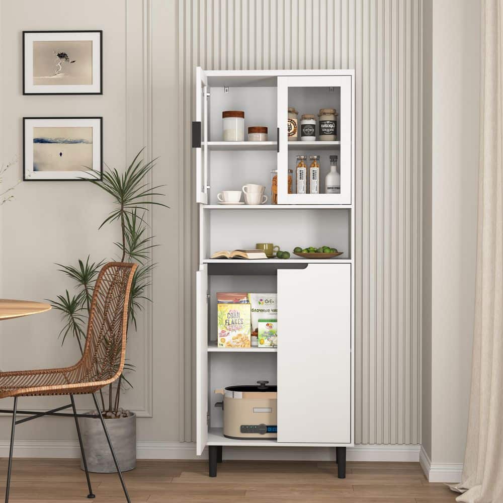 Tall Tempered Glass Door Bookcase: 4-Doors, Adjustable Shelves In White