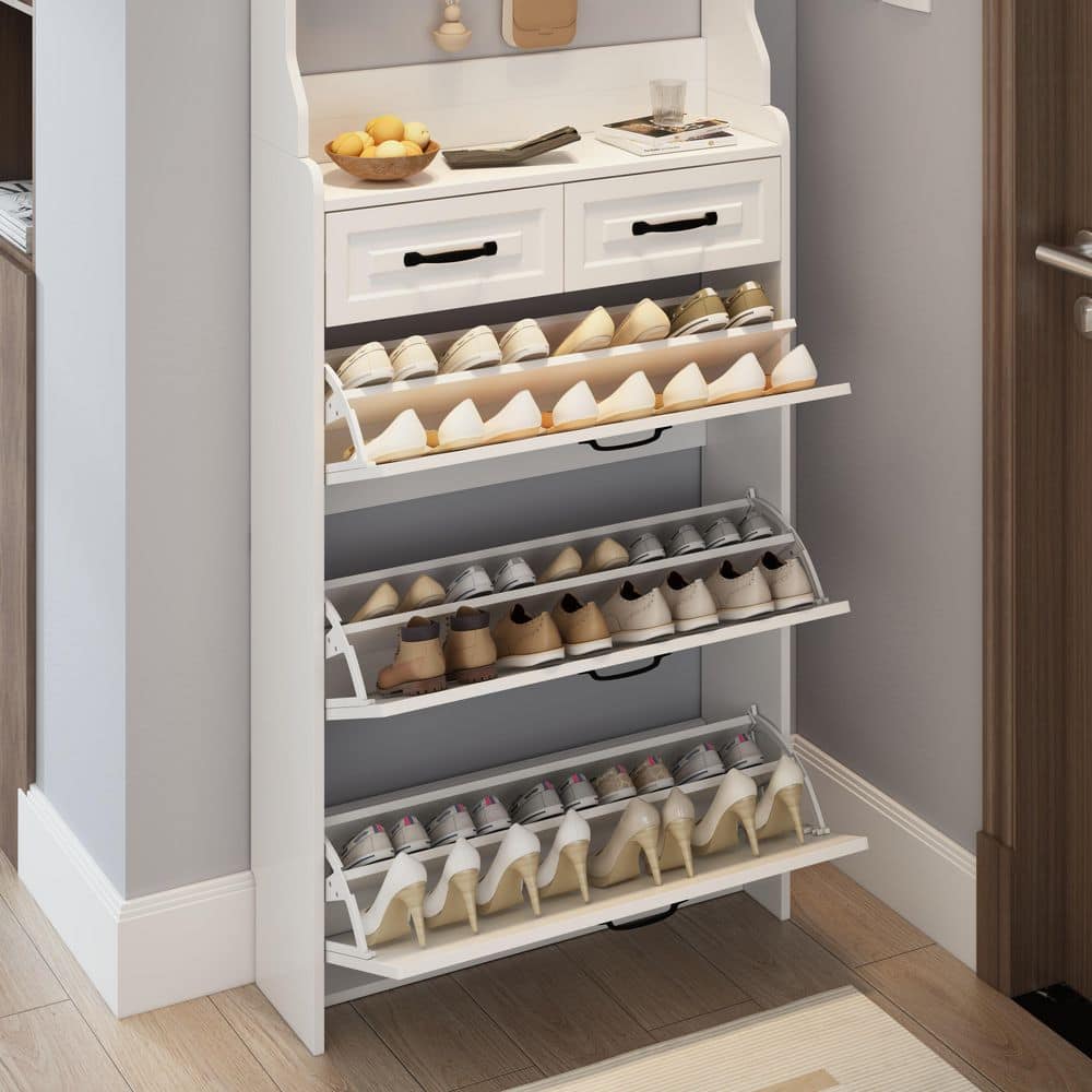 Shoe Cabinet With 3-Doors 2-Drawers With Hanger,Large Space For Storage In White