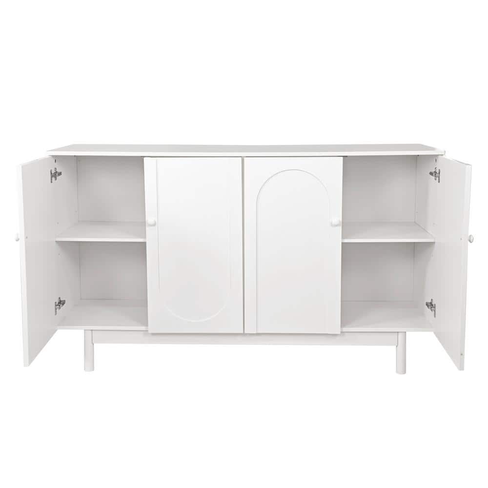 Functional Stylish 4-Door Intaglio Storage Cabinet With Pine Legs, Solid Wood Pulls And MDF In White