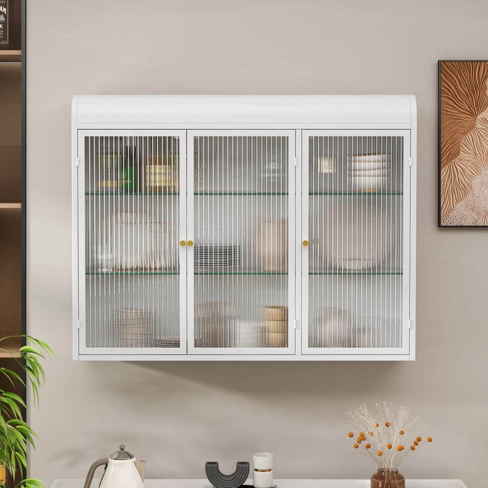 3-Door Arched Wall Mounted Glass Cabinets For Kitchen, Living Room And Bathroom (White)