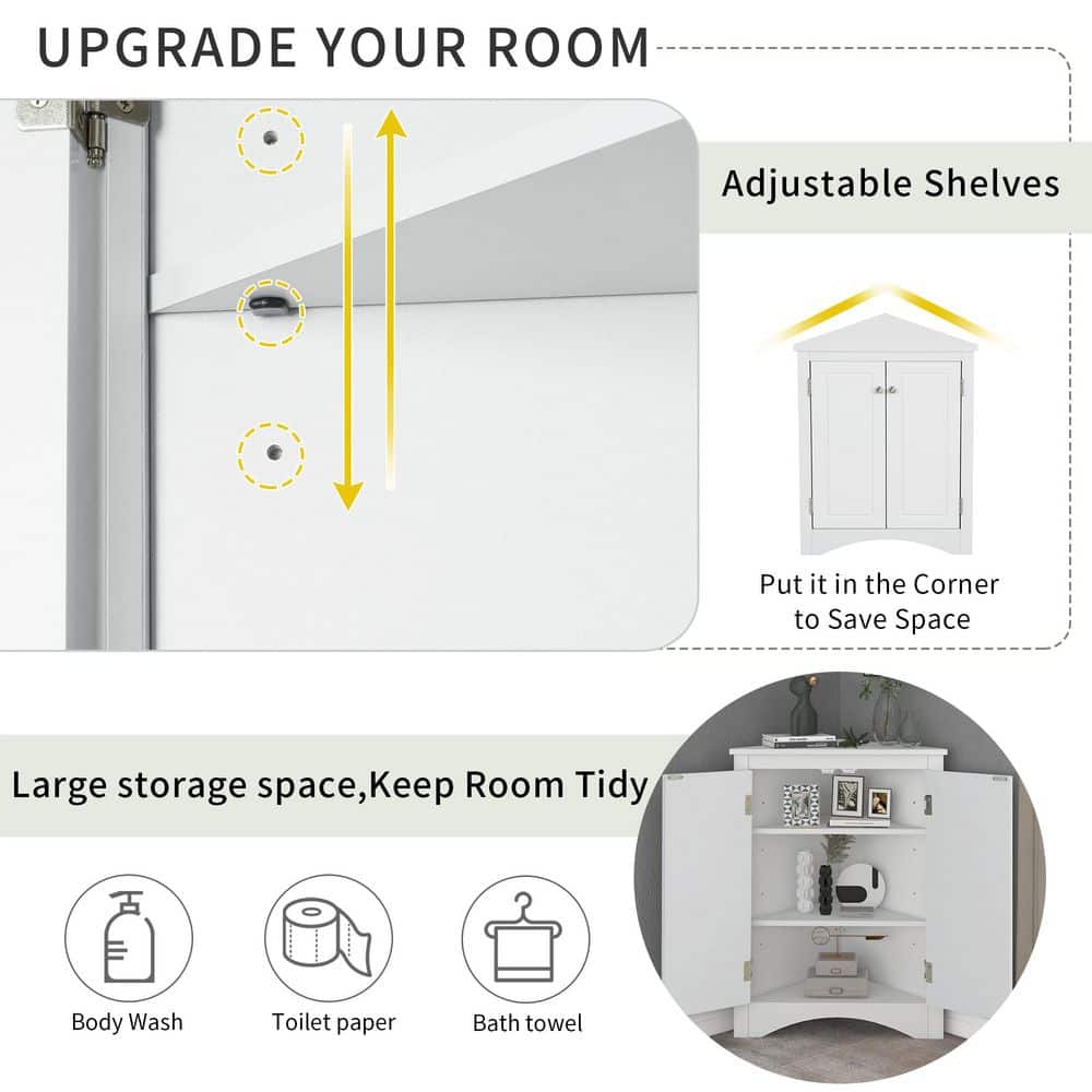 White Triangle Bathroom Storage Cabinet With Adjustable Shelves Freestanding Floor Cabinet For Home Kitchen