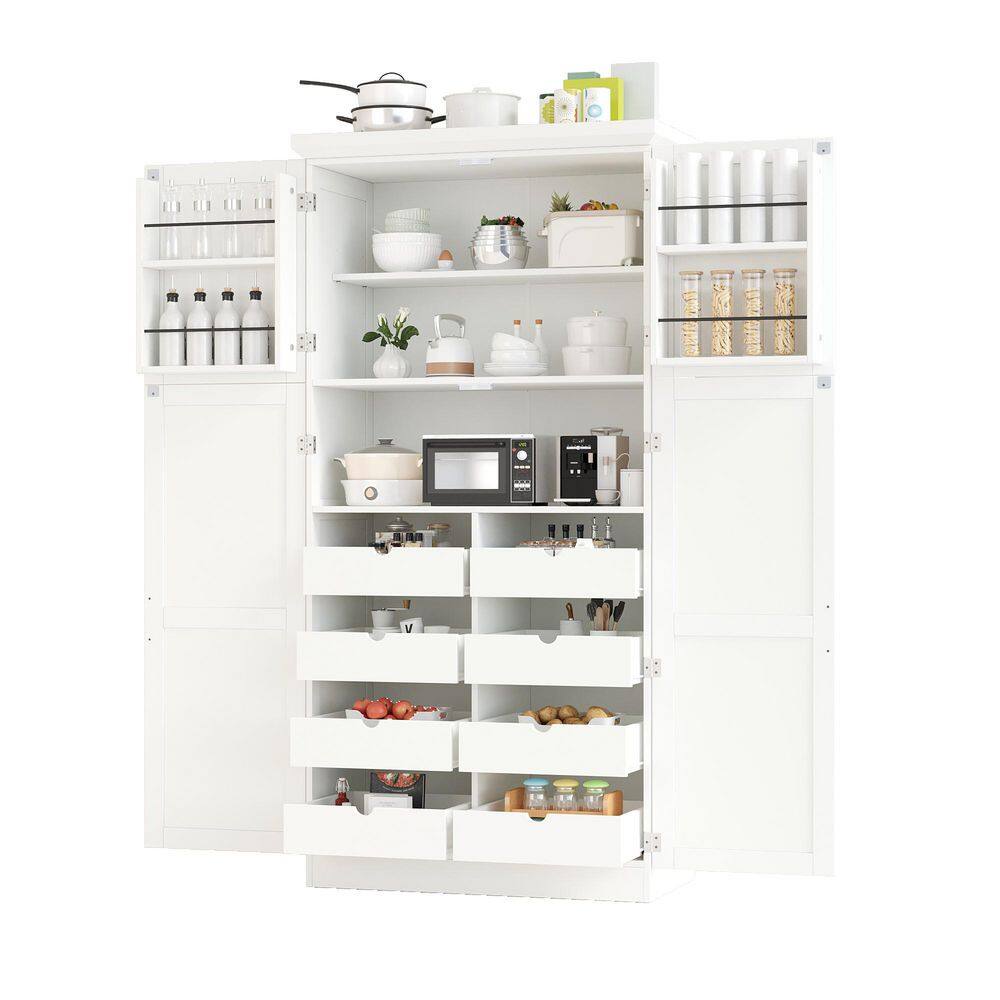 70.9 In. Kitchen Pantry: 4-Doors, 8-Trays, Adjustable Shelf InWhite
