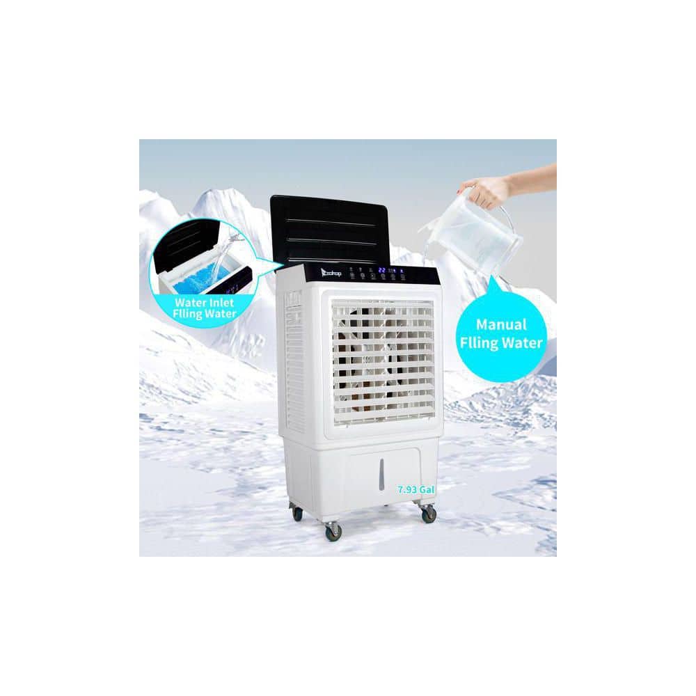 3-in-1 Portable Evaporative Cooler (Indoor/Outdoor): 2353CFM, Remote, 7.93 Gal. Tank, Scroll Casters, 4-Ice Packs, White