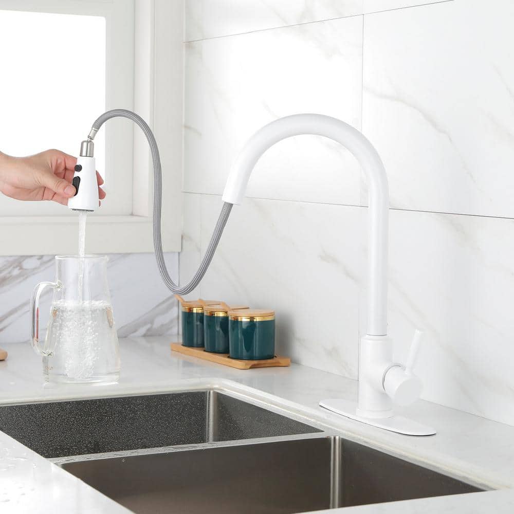 16.53 In. Kitchen Faucet With Pull Out 360 Degree Spout Swivel In White