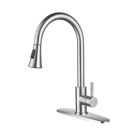  Single Handle Deck Mount Gooseneck Pull Out Sprayer Kitchen Faucet With Deck Plate And Pull-Down Sprayer In Stainless