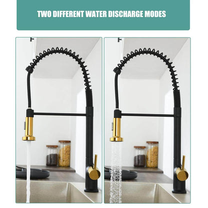  Single Handle Pull Down Sprayer Kitchen Faucet In Matte Black Gold