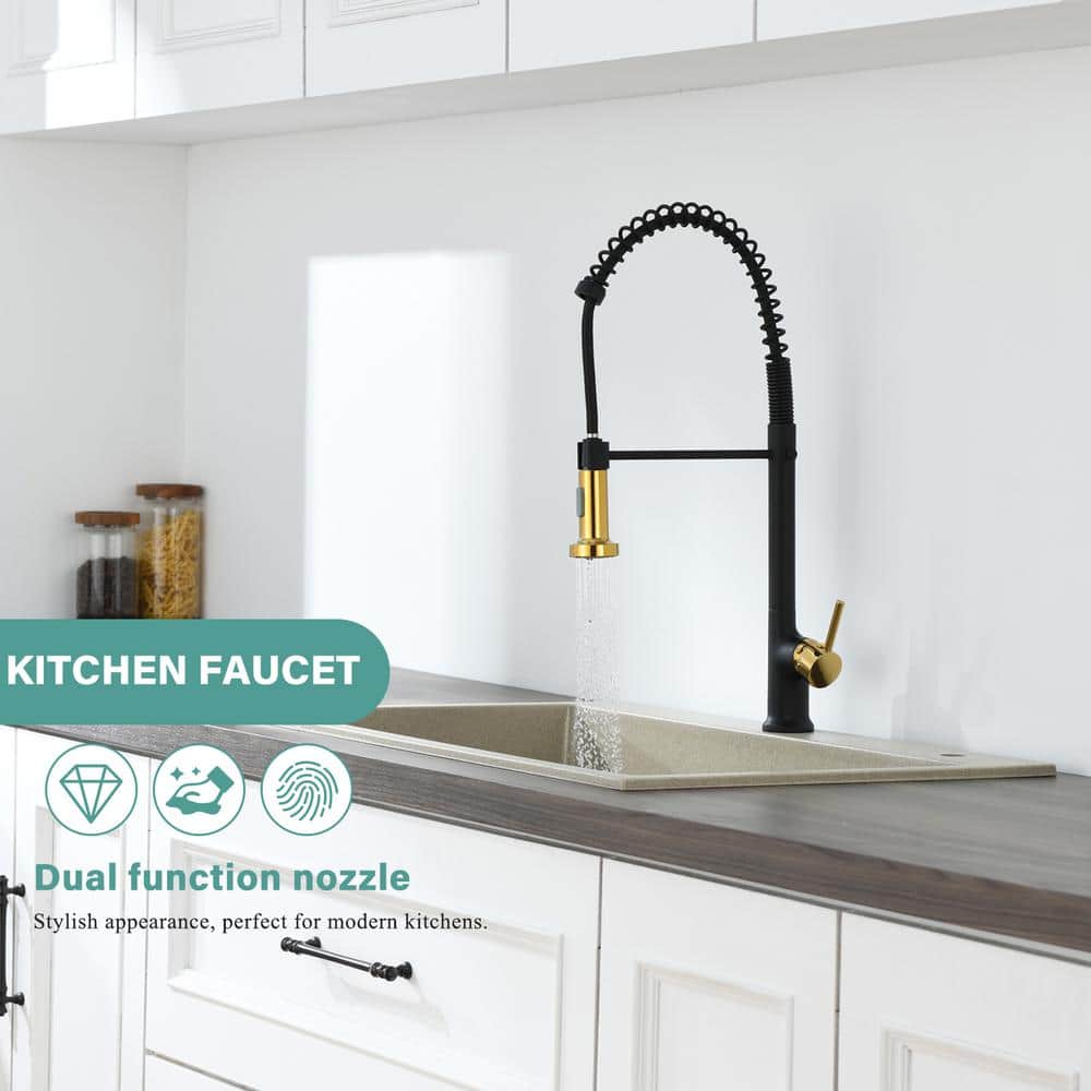  Single Handle Pull Down Sprayer Kitchen Faucet In Matte Black Gold