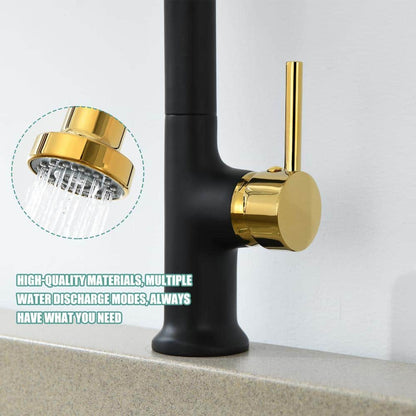  Single Handle Pull Down Sprayer Kitchen Faucet In Matte Black Gold