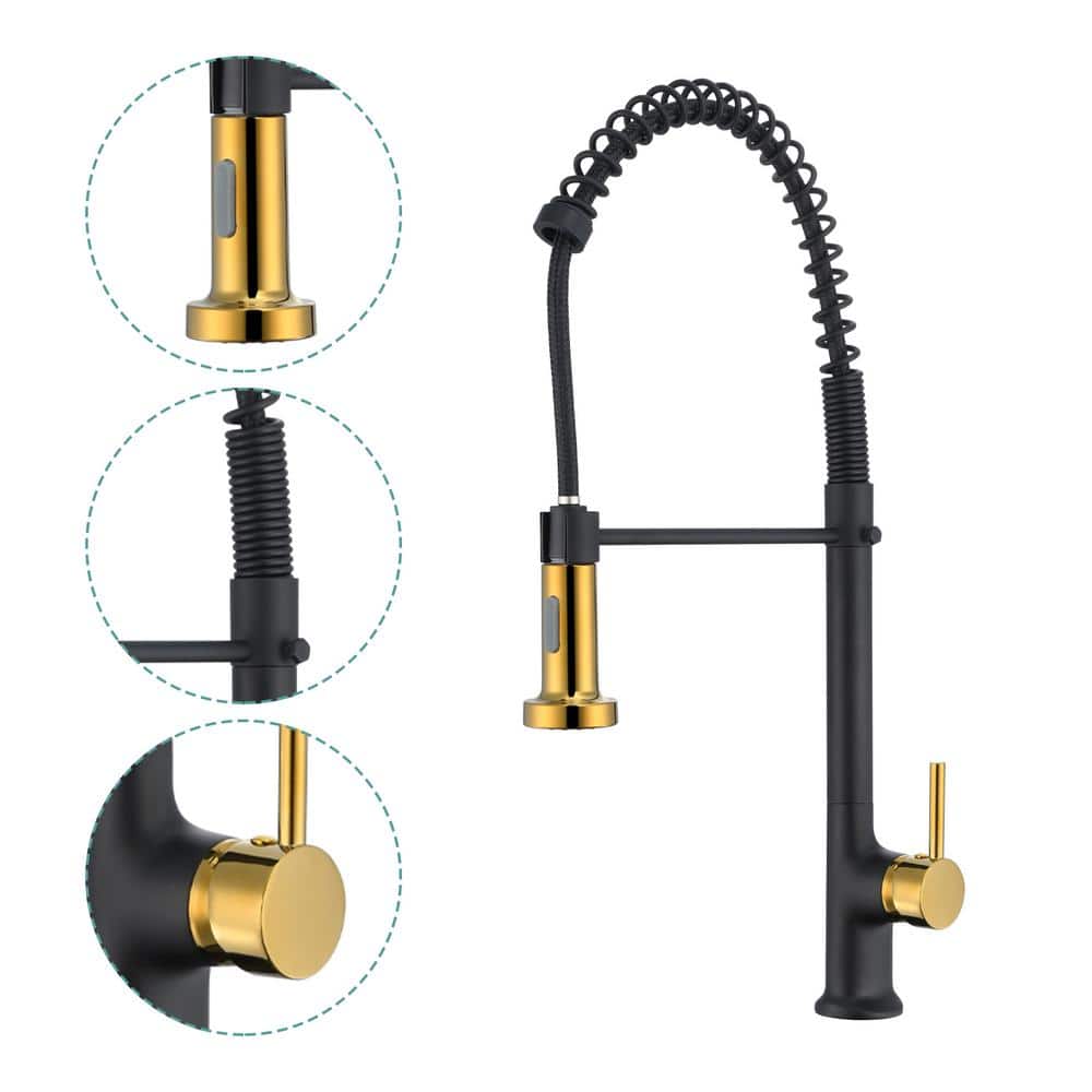  Single Handle Pull Down Sprayer Kitchen Faucet In Matte Black Gold