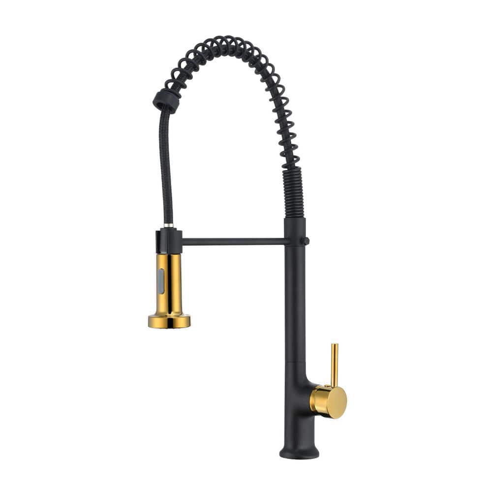  Single Handle Pull Down Sprayer Kitchen Faucet In Matte Black Gold