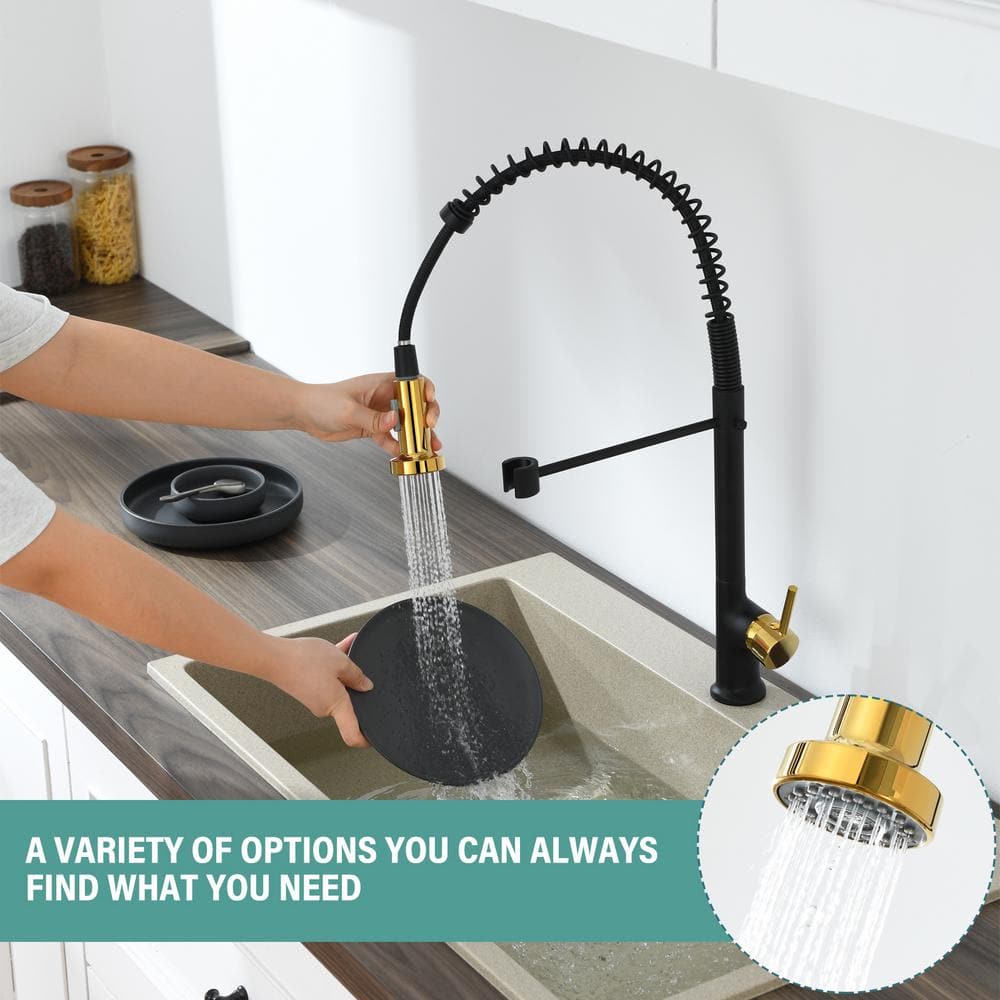  Single Handle Pull Down Sprayer Kitchen Faucet In Matte Black Gold