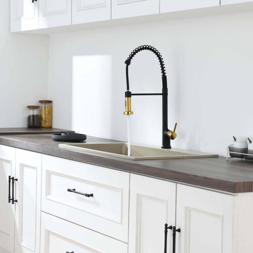  Single Handle Pull Down Sprayer Kitchen Faucet In Matte Black Gold