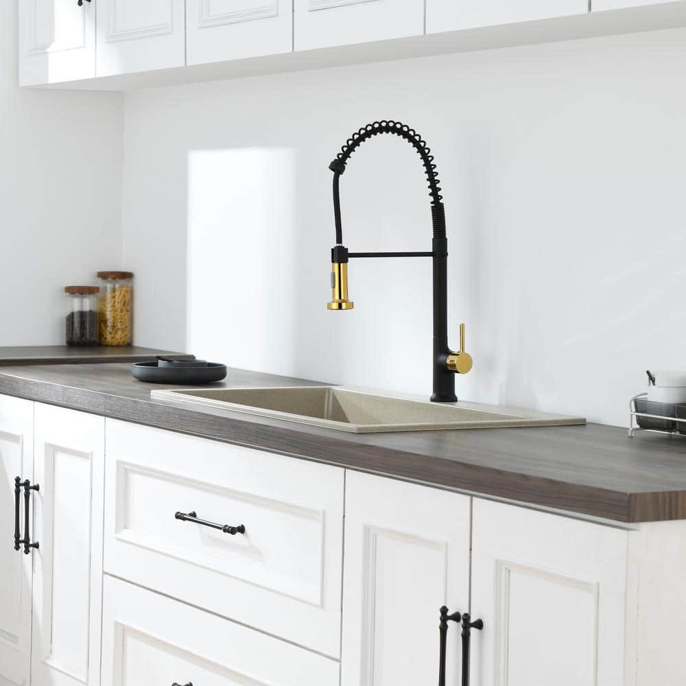  Single Handle Pull Down Sprayer Kitchen Faucet In Matte Black Gold