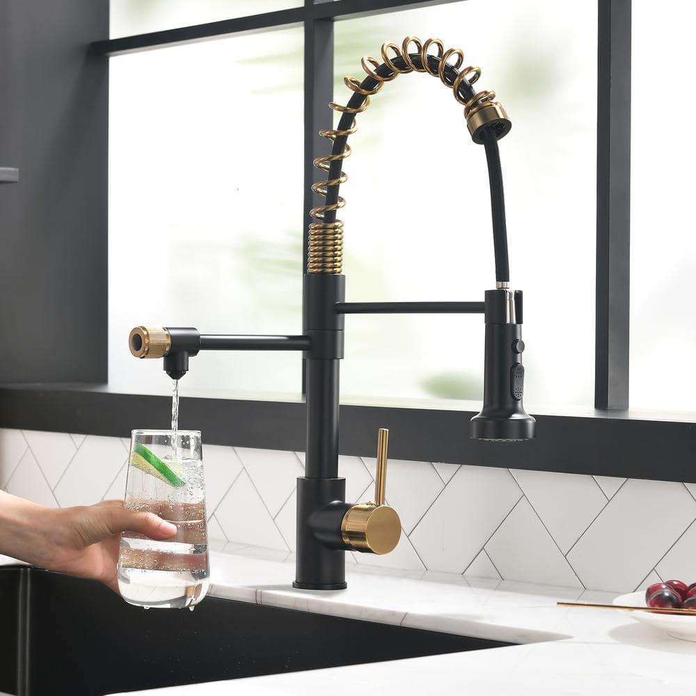  Single Handle Pull Down Sprayer Kitchen Faucet In Black+Gold
