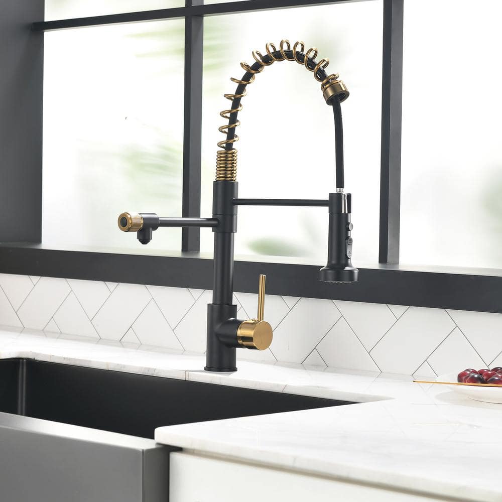  Single Handle Pull Down Sprayer Kitchen Faucet In Black+Gold
