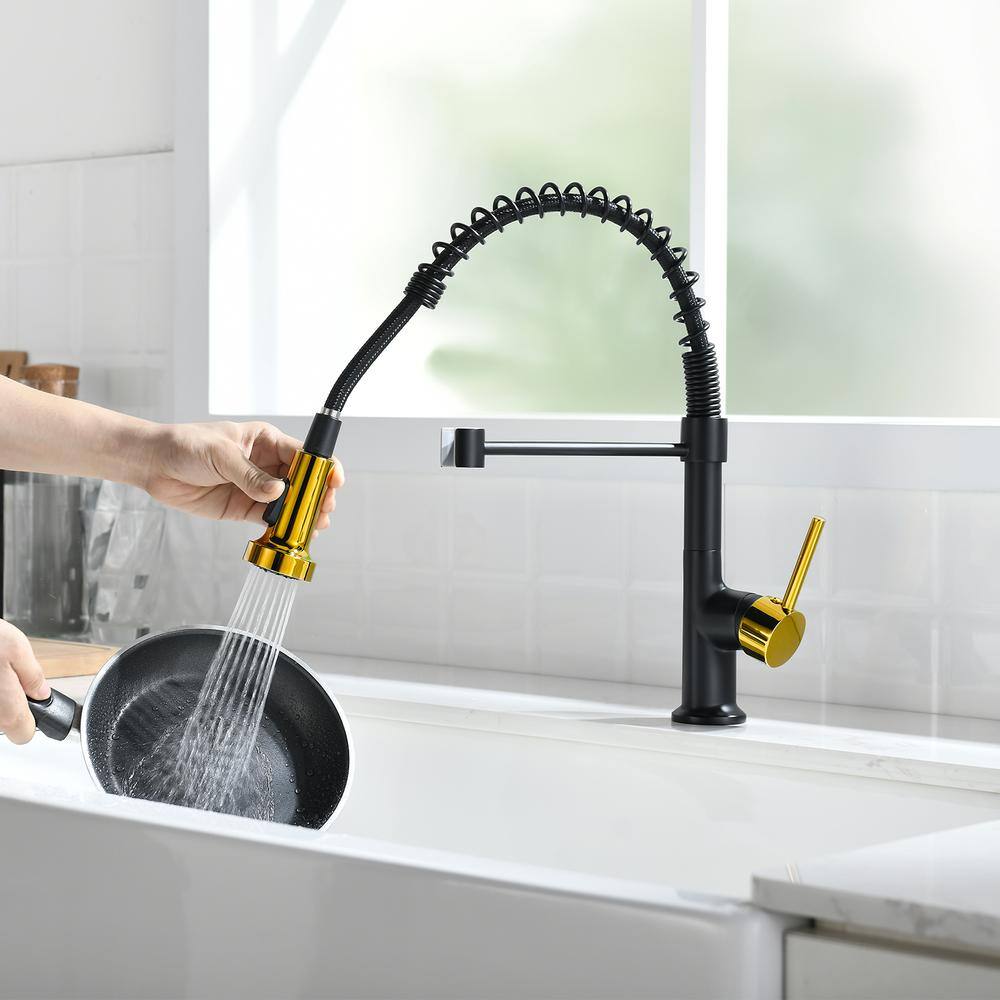  Commercial Black And Nickel Gold Kitchen Faucet With Pull Out Sprayer, Single Handle Single Lever Kitchen Sink Faucet