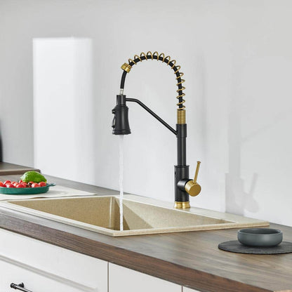  18.7 In. H Single Handle Pull Out Sprayer Kitchen Faucet With 360° Spout Swivel In Matte Black And Gold