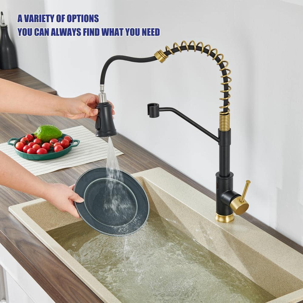  18.7 In. H Single Handle Pull Out Sprayer Kitchen Faucet With 360° Spout Swivel In Matte Black And Gold