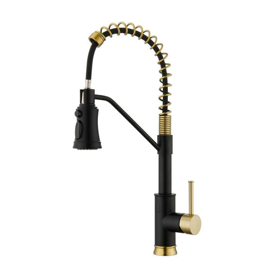  Single Handle Pull Out Sprayer Kitchen Faucet In Matte Black And Gold