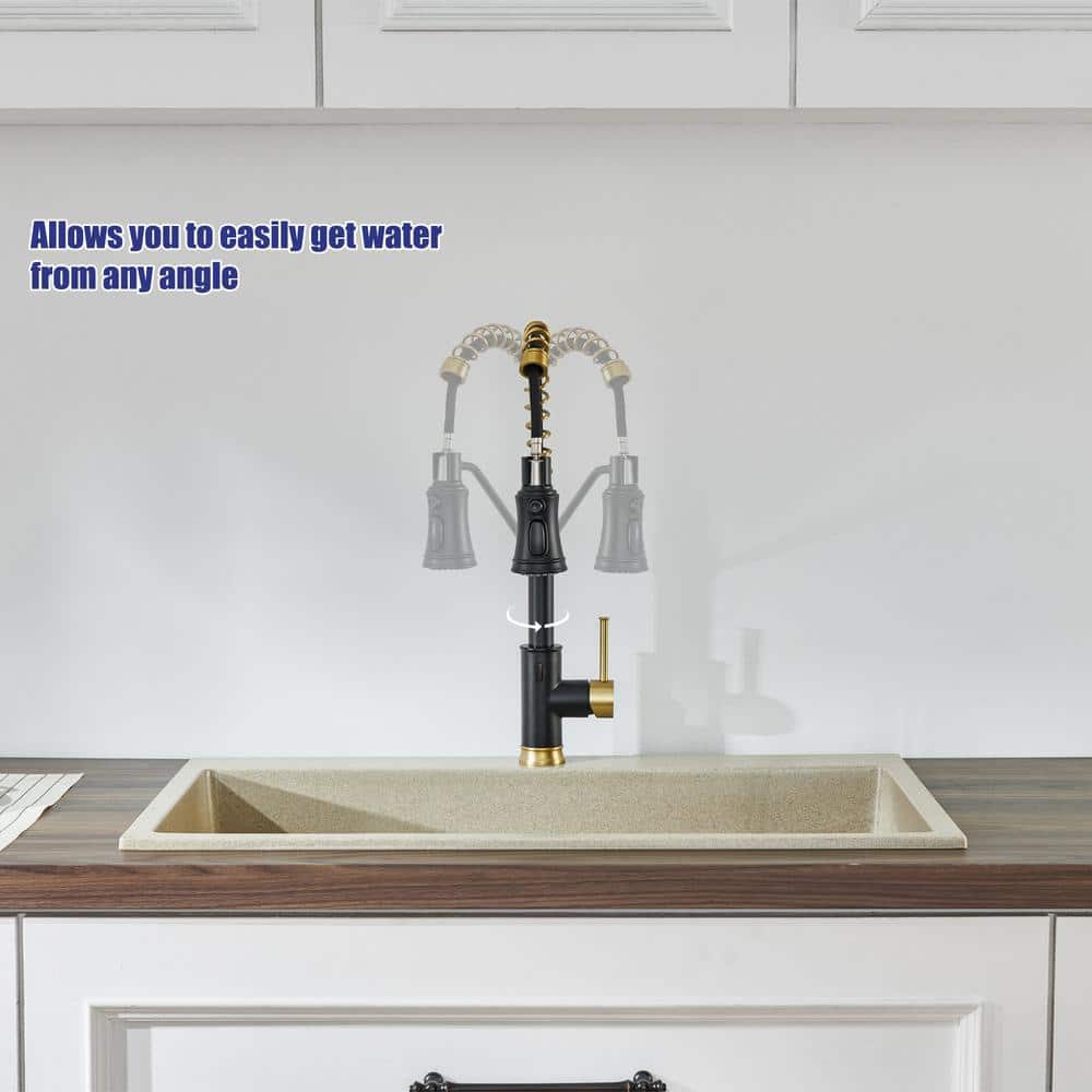  Single Handle Pull Out Sprayer Kitchen Faucet In Matte Black And Gold