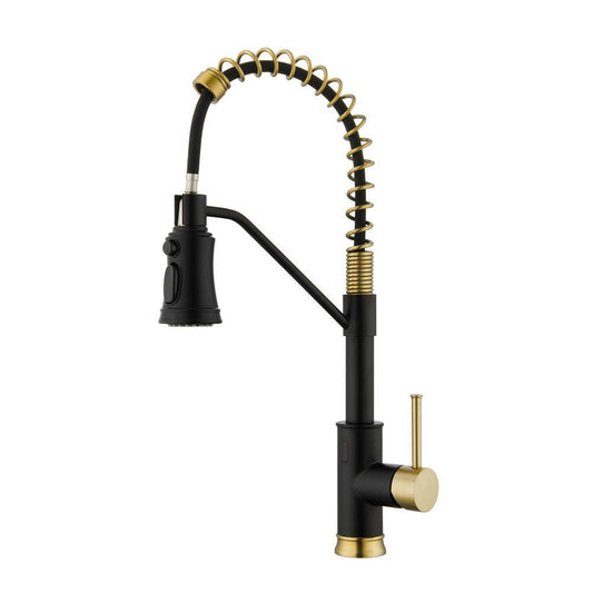  18.7 In Single Handle Pull Out Sprayer 360 Degree Spout Swivel Kitchen Faucet In Matte Black And Gold