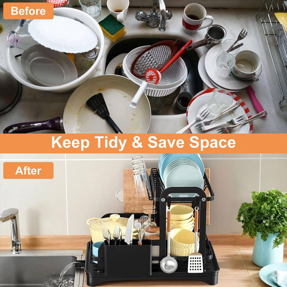  2-Tier Black Detachable Standing Dish Rack For Kitchen