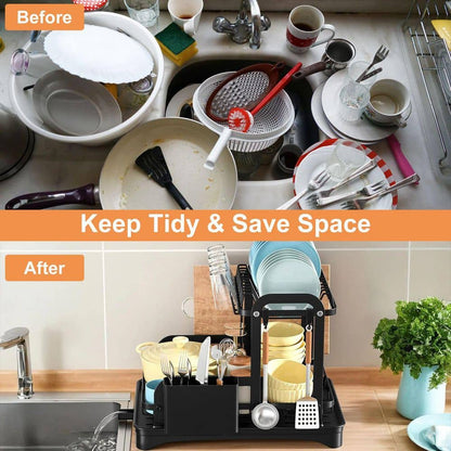  2-Tier Black Detachable Standing Dish Rack For Kitchen