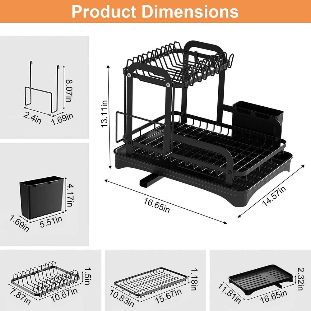  2-Tier Black Detachable Standing Dish Rack For Kitchen
