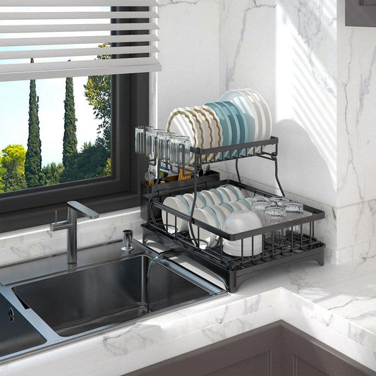  Black Carbon Steel Standing 2-Tier Dish Rack With Drainboard And Utensil Holder Cup Rack Swivel Spout For Kitchen