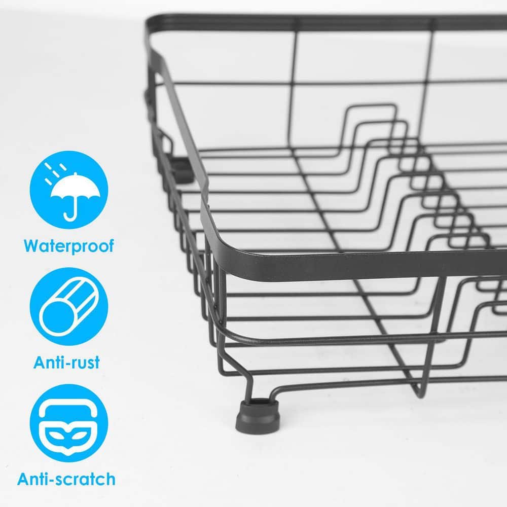  Black Carbon Steel Standing Dish Rack For Kitchen Countertop