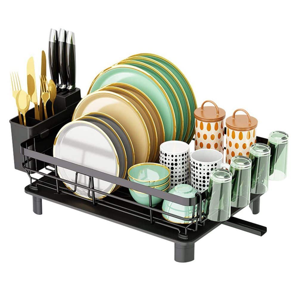  Black Carbon Steel Standing Dish Rack For Kitchen Countertop