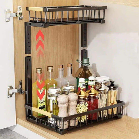  2-Tier Black Stainless Steel Pull Out Dish Rack With Drainboard For Kitchen Storage