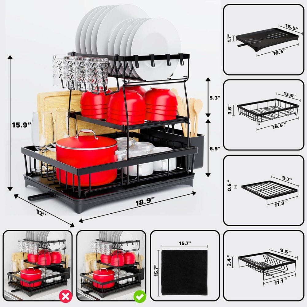  3-Tier Automatic Drainage Dish Rack-Rust-Proof Large Drying Rack For Kitchen Counter