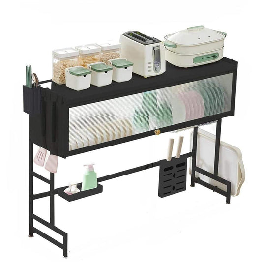  3-Tier Over Sink Dish Rack-33.5" Space-Saving Storage With Cover, Baskets & Utensil Holder (Black)