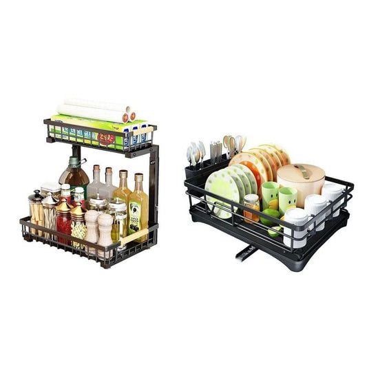 2-Pack Dish Rack And Under Sink Organizer Large Drainboard Plus 2-Tier Pull-Out Cabinet Shelf