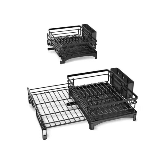  Expandable Stainless Steel Dish Rack-Large Over-Sink Drainer With Drainboard & Utensil Holder (Black)
