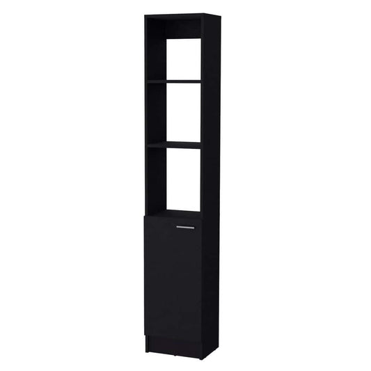  13.03 In. W X 10.43 In. D X 70.87 In. H Black Wood Freestanding Linen Cabinet W/3-Open Shelves And Door In Black
