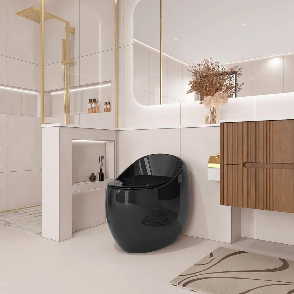  1-Piece 1.28 GPF Single Flush Egg Shape Toilet In Glossy Black