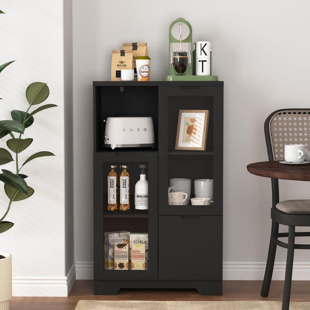  MDF Painted Cabinet With Glass Doors And Drawer, Open Storage Space, Bedroom, Living Room In Black