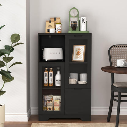  MDF Painted Cabinet With Glass Doors And Drawer, Open Storage Space, Bedroom, Living Room In Black